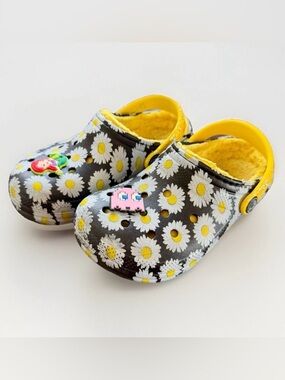 CROCS Classic Lined Vacay Vibes Clog Black Yellow Daisy Discontinued Toddler C11